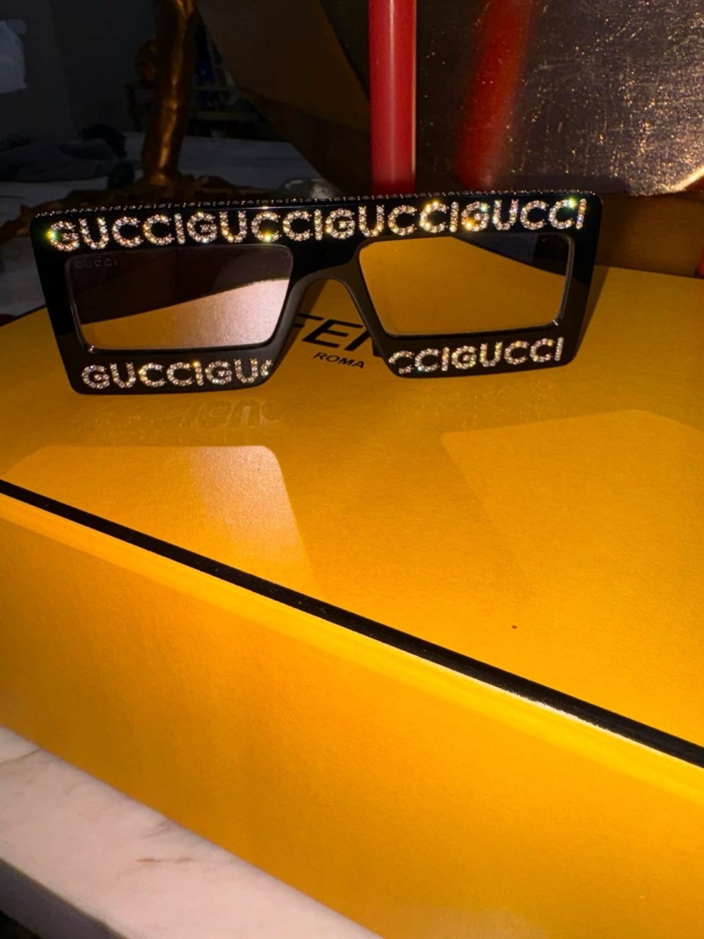 Gucci Black Crystal-Logo Rectangle Sunglasses
